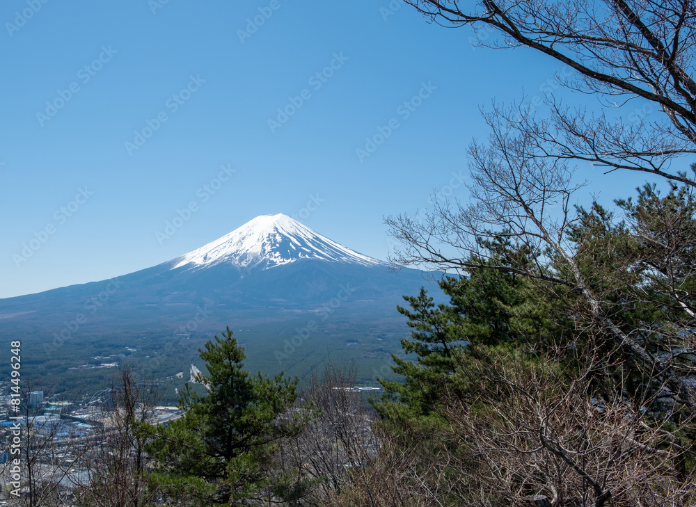 Fuji Mountain in Japan, snow capped peak in Spring, blue clear sky