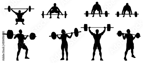 Set of weightlifting silhouette. Male and female weight lifter athlete in different poses. 