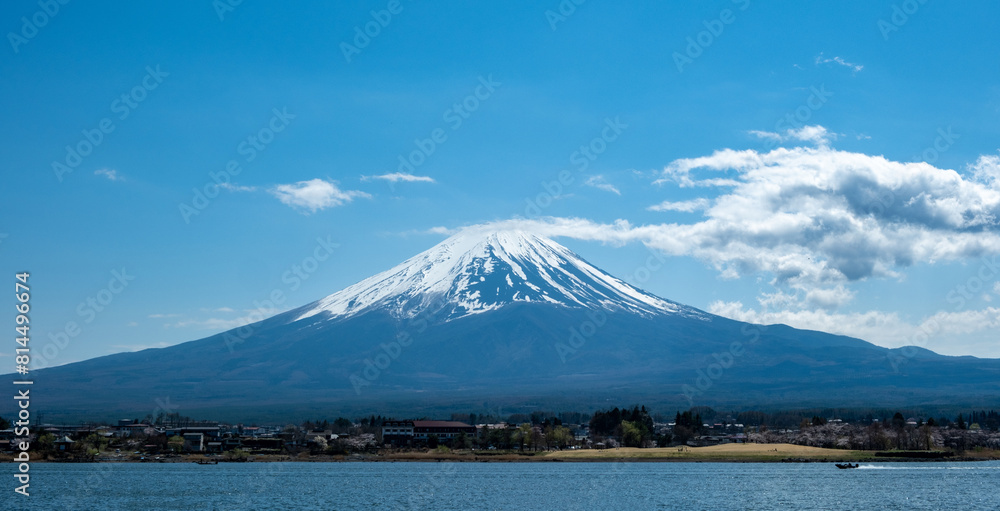 Fuji Mountain and Lake kawaguchiko Japan, blue sky in Spring