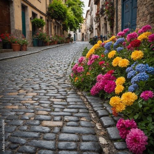 Celebrate National Camera Day with a picturesque shot of a charming cobblestone street lined with colorful flowers.