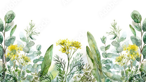 Develop a watercolor scene filled with fresh, aromatic herbs like dill and sage, essential for any cooking enthusiasts kitchen photo