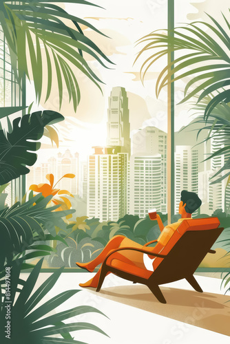 A person taking a relaxing break on a hotel lounge chair, enjoying the panoramic view of the city, symbolizing luxury and rest #814497068