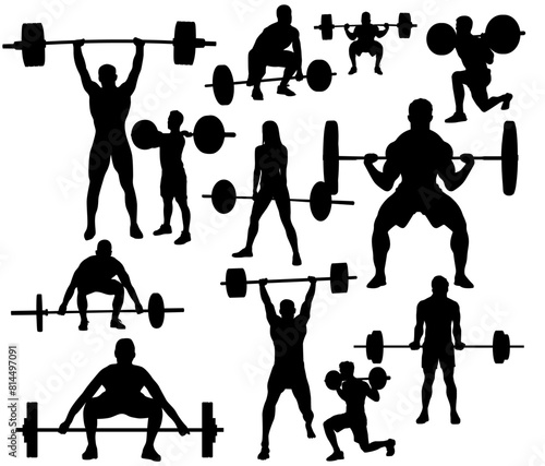 Set of weightlifting silhouette. Male and female weight lifter athlete in different poses. 