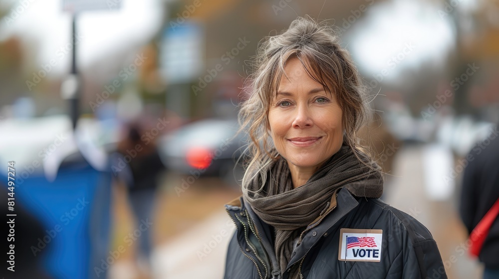 A closeup portrait of an attractive, smiling 60s woman wearing casual attire during 2024 year elections . She is casting a vote for President . She is looking directly into the camera, copy space. A closeup portrait of an attractive, smiling 60s woman wearing casual attire during 2024 year elections . She is casting a vote for President . She is looking directly into the camera, copy space.