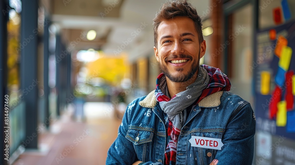 A closeup portrait of an attractive, smiling man 30s wearing casual attire during 2024 year elections . he is casting a vote for President . he is looking directly into the camera, copy space. A closeup portrait of an attractive, smiling man 30s wearing casual attire during 2024 year elections . he is casting a vote for President . he is looking directly into the camera, copy space.