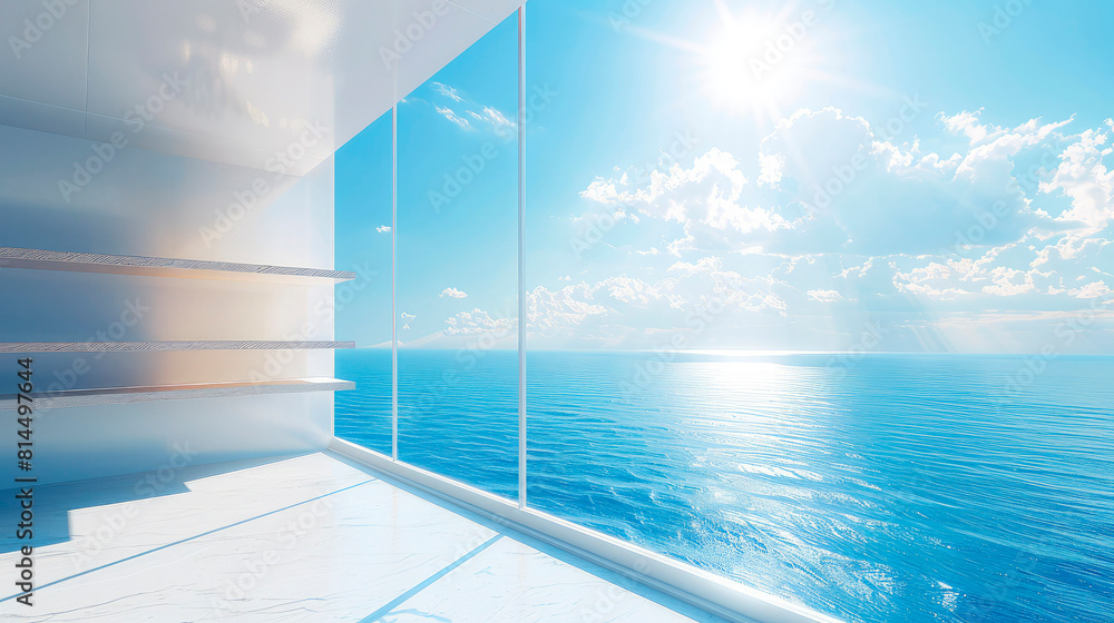 Fototapeta premium Empty room space with a large panoramic window overlooking the blue sea and empty shelves on the wall for products
