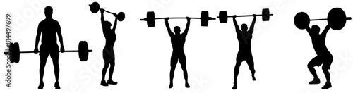 Set of weightlifting silhouette. Male and female weight lifter athlete in different poses. 