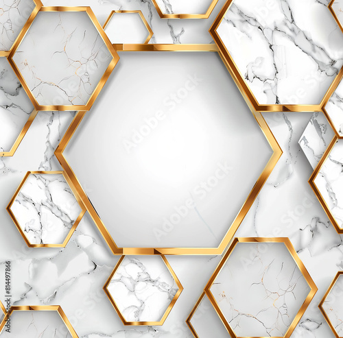 golden hexagons on white marble background, luxury abstraction template with empty space for text filling