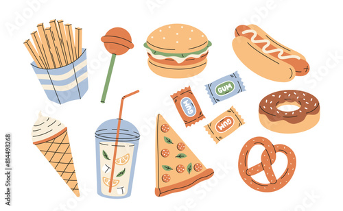 Fast food collection in retro colors. Snacks set on white background