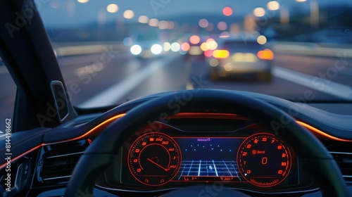 Driving on a busy road at dusk, the dashboard lights illuminate with speedometer and navigation visible. photo