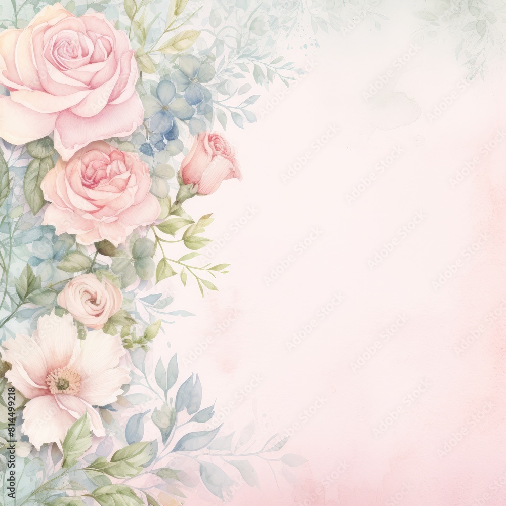 Pink roses and leaves watercolor background
