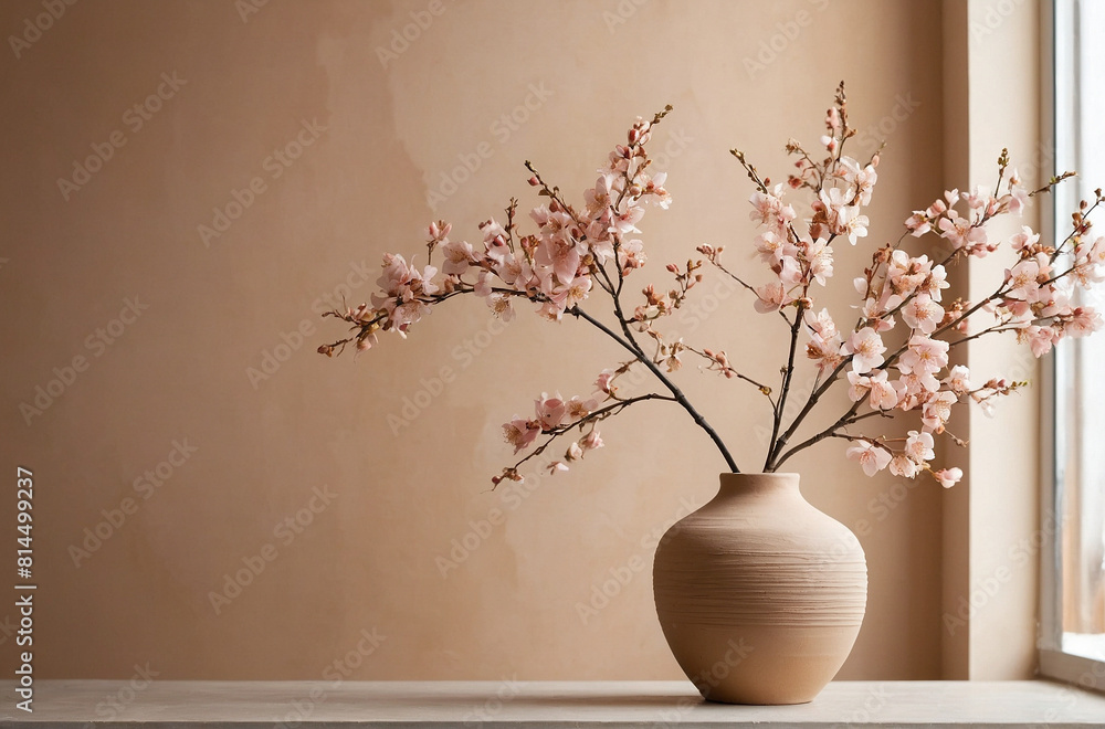 Blossom branch in clay vase near beige stucco wall background. Interior design of modern living room with space for text. Minimal composition