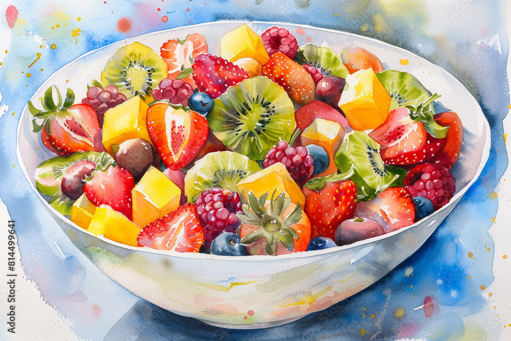 A watercolor painting of a bowl of fruit salad with strawberries, kiwi, mango, and raspberries 