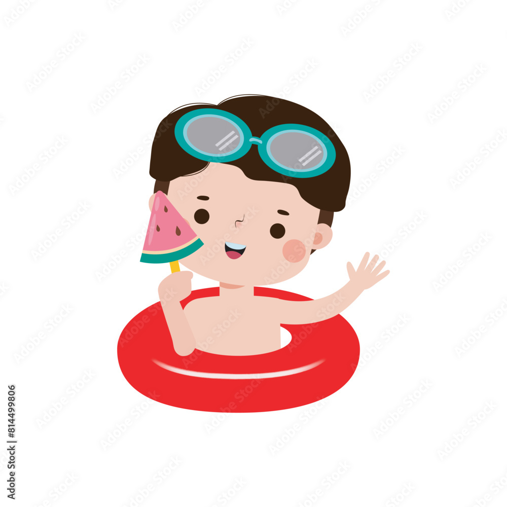Cute kid wearing float ring and eating ice cream in Pool party, cartoon character flat style vector illustration on white background Cute kid wearing float ring and eating ice cream in Pool party, cartoon character flat style vector illustration on white background