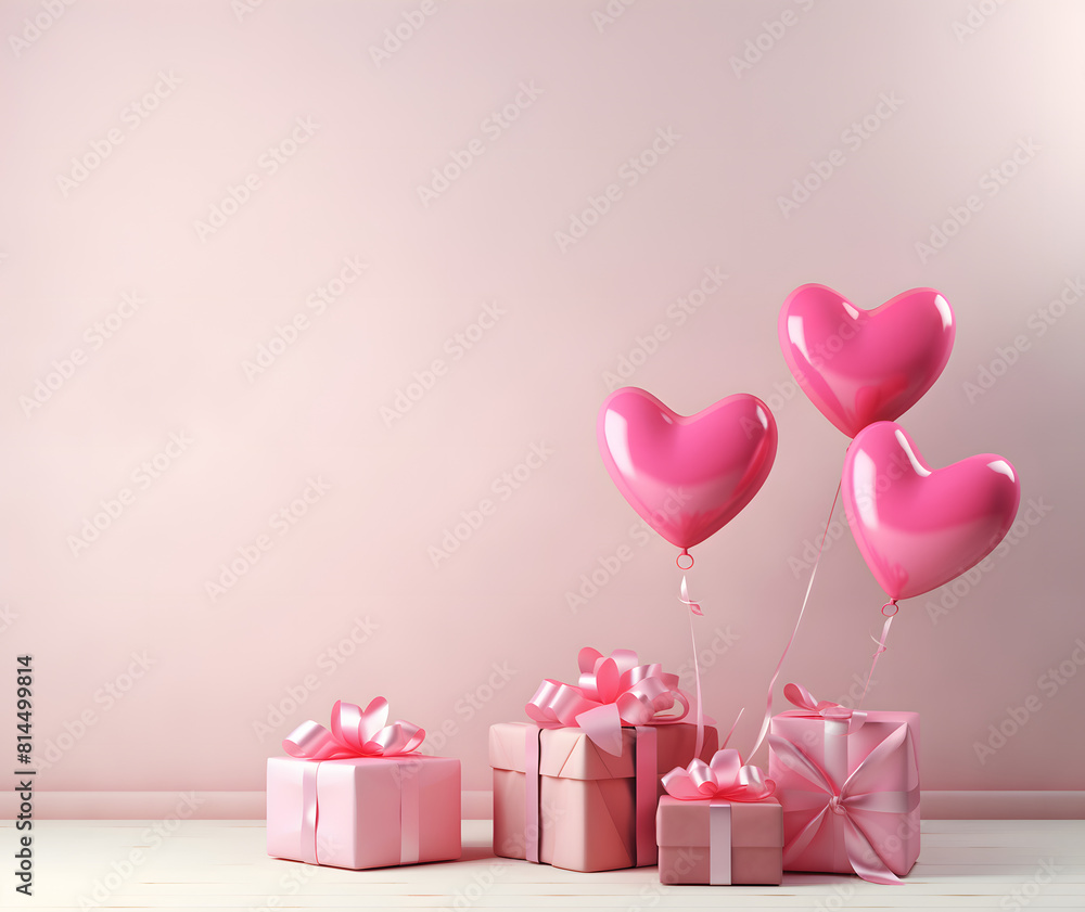 Valentines Day wrapped present with pink heart balloon.