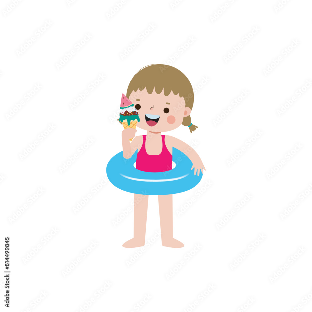 Cute kid wearing float ring and eating ice cream in Pool party, cartoon character flat style vector illustration on white background Cute kid wearing float ring and eating ice cream in Pool party, cartoon character flat style vector illustration on white background