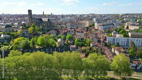 Cathedral of Saint-Etienne seen above the Vienne Limoges in France. Aerial drone sideways and cityscape photo