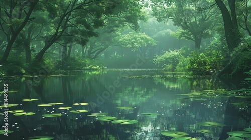 Tranquil ponds reflect verdant canopy lily pads float serenely wallpaper