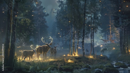 Dreamlike visions of mythical creatures in forest presence felt wallpaper © javier