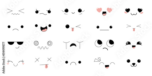 Kawaii Style Faces manga anime emotions, comic expressions, cute eyes collection isolated on white background. Doodle smiley mood design elements, 