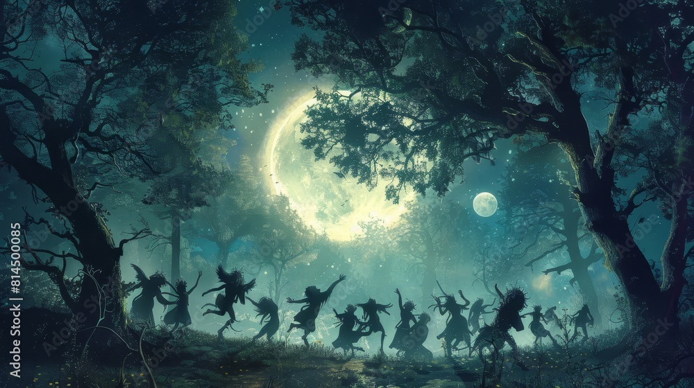 Obraz premium Mythical creatures frolic in moonlit clearing laughter echoes through trees wallpaper