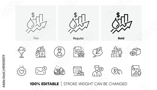Lease contract, Person and New message line icons. Pack of Employee results, Copyright chat, Valet servant icon. Diesel station, Packing boxes, Rise price pictogram. Ice cream. Line icons. Vector