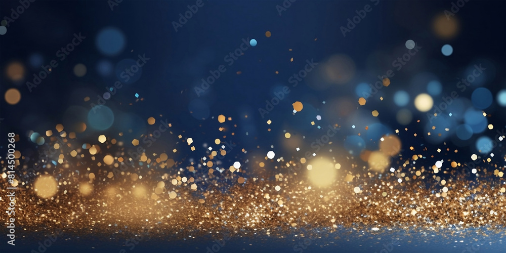 Obraz premium Gold sparkle splatter border . Gold Foil Frame Gold blue and gold banner celebrations brush stroke on blue background.
