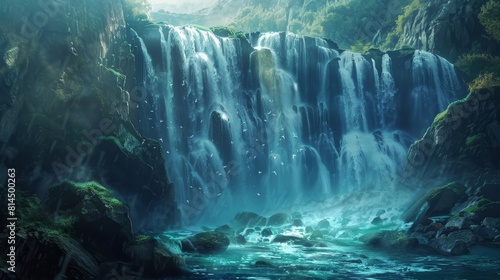 Enchanted waterfalls cascade down rocky cliffs crystalline waters imbued with mystic energy wallpaper