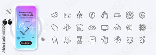 Niacin, Employees teamwork and Medical tablet line icons for web app. Phone mockup gradient screen. Pack of Face biometrics, Electric energy, Coronavirus vaccine pictogram icons. Vector