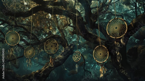 Dreamcatchers hang from ancient tree limbs intricate weavings capture nightmares turn them into dreams wallpaper