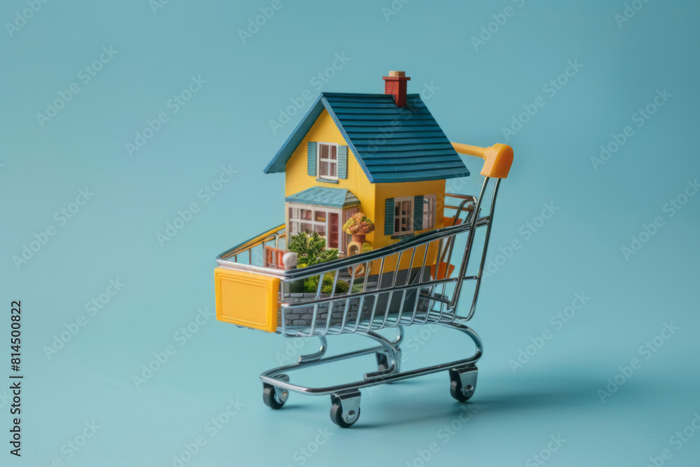Miniature House in Shopping Cart on Blue Background Miniature House in Shopping Cart on Blue Background