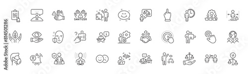 Waiting, Court judge and Cursor line icons. Pack of Face protection, Social distance, Middle finger icon. Search puzzle, Health eye, Fair trade pictogram. Discrimination, Algorithm, Deal. Vector