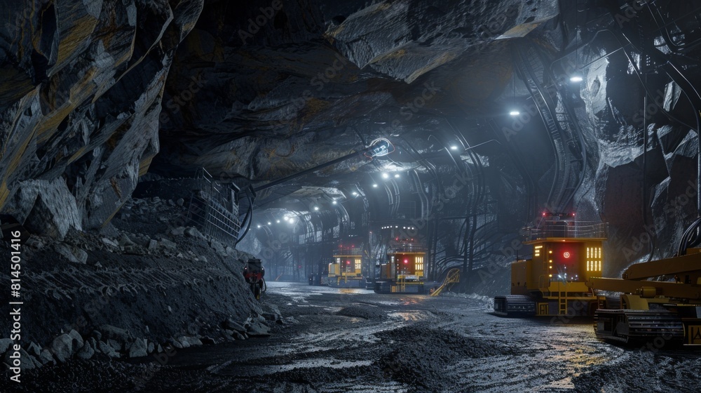 Naklejka premium Miners and heavy machinery work in an expansive underground mine illuminated by artificial lighting.
