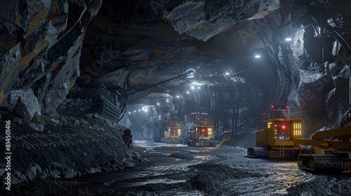 Miners and heavy machinery work in an expansive underground mine illuminated by artificial lighting.