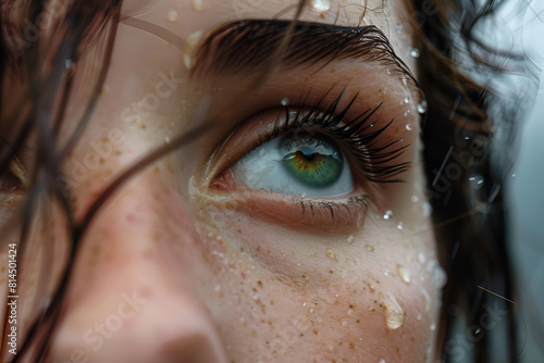 Close up of a woman with piercing hazel eyes stands in the rain