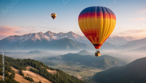 A mountain landscape with a colorful hot air ballo