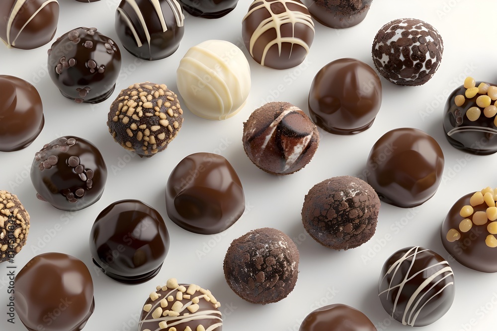 Assortment of 3D Chocolate Truffles in Isometric Perspective on White Background Assortment of 3D Chocolate Truffles in Isometric Perspective on White Background
