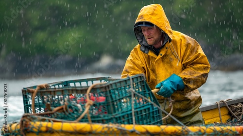 a Photo of Lobster Fisherman: A lobster fisherman wearing a bright rain jacket pulls up a trap photo