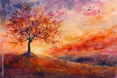 A watercolor painting of a lonely tree in a vast field under a setting sun 