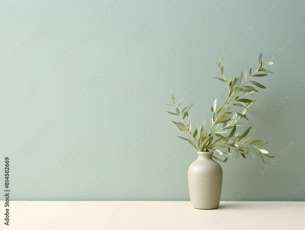 Pastel green mock up wall with and plant in a vase, free copy space background Pastel green mock up wall with and plant in a vase, free copy space background