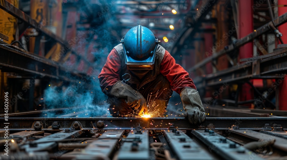 Technician welding steel There were sparks flying. Technician welding steel There were sparks flying.