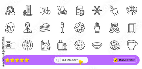 Buildings, Execute and Three fingers line icons for web app. Pack of Champagne glass, Tea cup, World brand pictogram icons. Idea lamp, Air conditioning, Inclusion signs. Cursor, Baggage. Vector