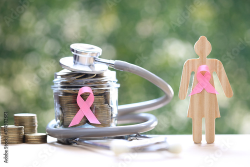Symbol of breast cancer in women, Womaen and pink ribbon with coins money in glass bottle on green background, Healthcare and medicine concept