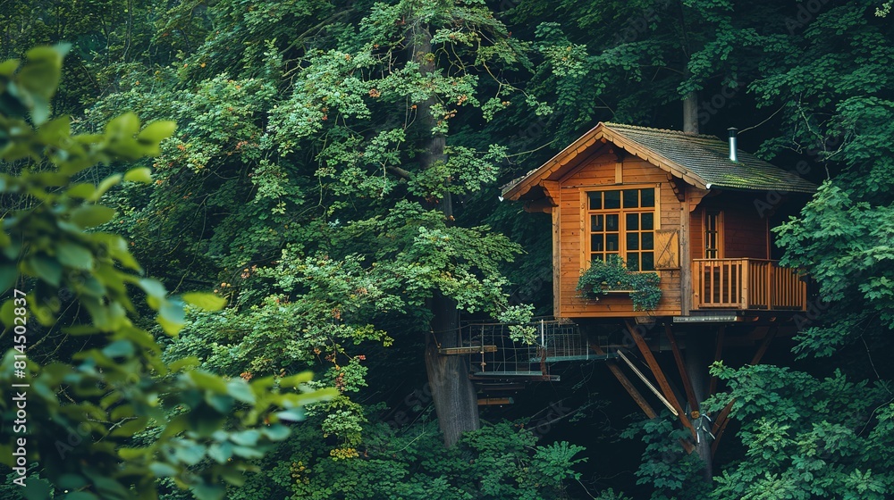 A Wooden Treehouse Nestled Amidst the Verdant Canopy of an Ancient Forest A Wooden Treehouse Nestled Amidst the Verdant Canopy of an Ancient Forest