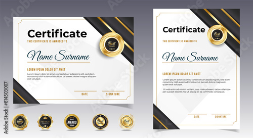 Certificates of completion template with luxury badge and modern line and shapes. Horizontal certificate For award, business, and education needs. Diploma vector template