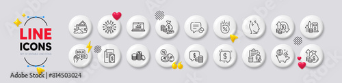 Stress, Payment and Bitcoin coin line icons. White buttons 3d icons. Pack of Fuel price, Change money, Inflation icon. Launder money, Statistic, Accounting pictogram. Vector
