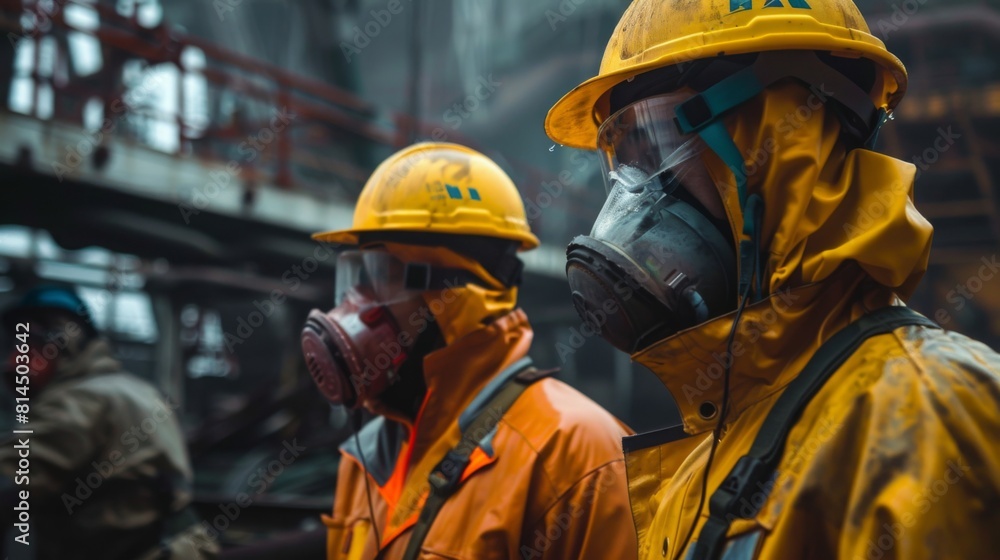 Two workers clad in yellow hazmat suits and gas masks stand at an industrial facility. Two workers clad in yellow hazmat suits and gas masks stand at an industrial facility.