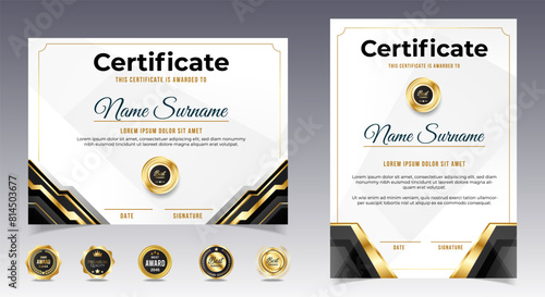 Black and gold certificate of appreciation border template with luxury badge and modern line and shapes. For award, business, and education needs. Diploma vector template