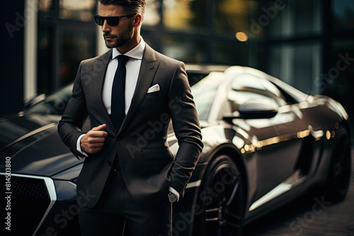 Man in a stylish suit posing by luxury car. Ai Generative © ArtmediaworX