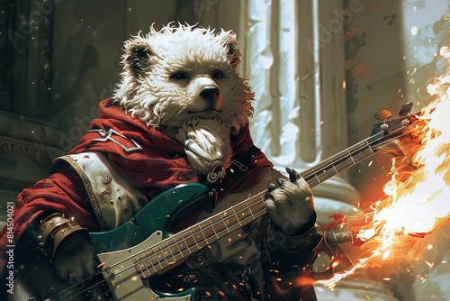 Anime Bugbear Embracing Fiery Ibanez Bass Guitar in Enchanting D&D Garb Amid White Backdrop � Whimsical Crimson and Emerald Art Scheme photo